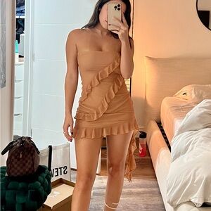 Chic Tan Ruffle Mini Dress